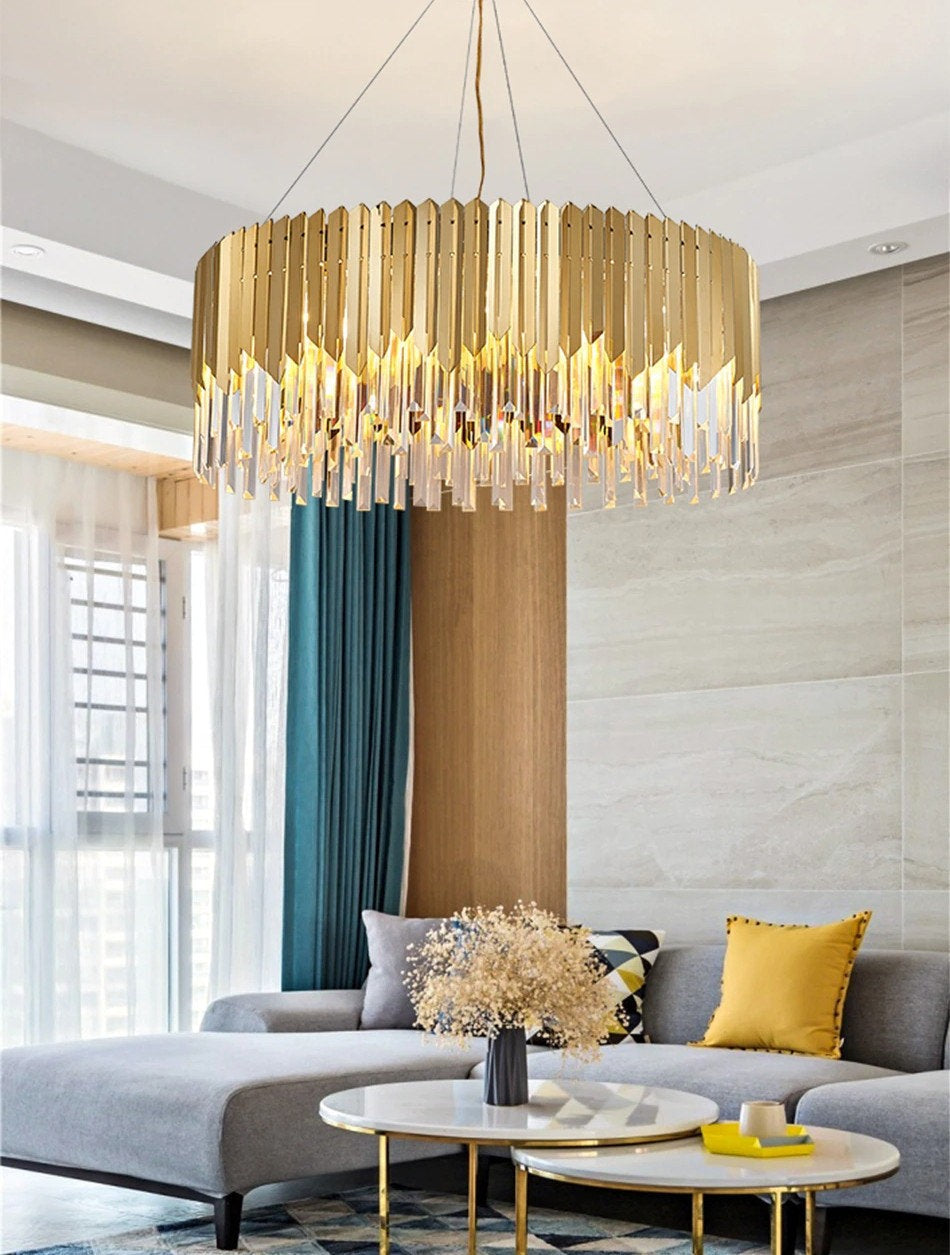 Drum Crystal LED Chandelier – Gold Finish, 3000K Warm