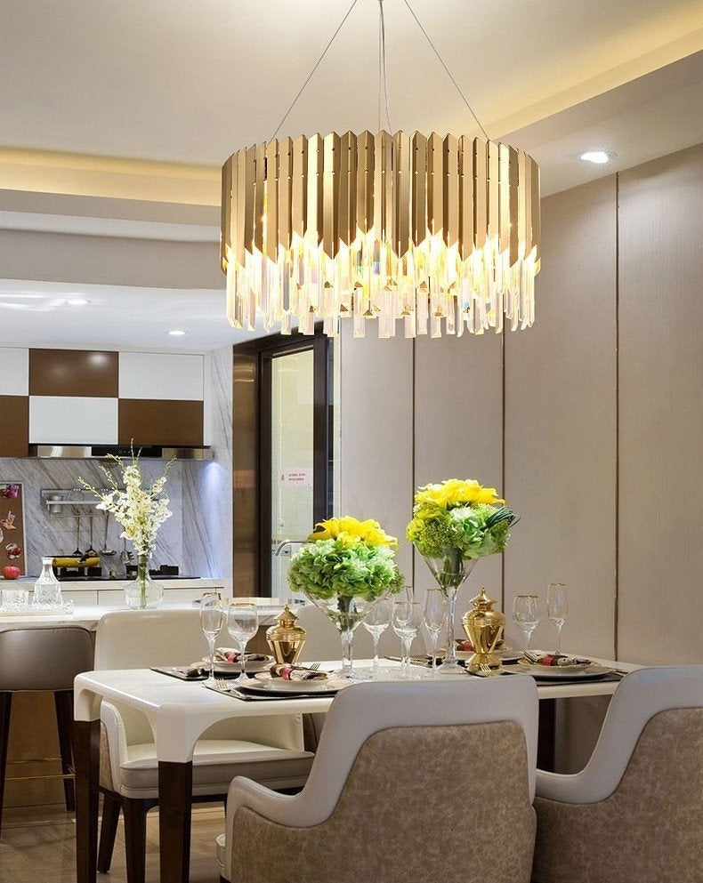 Drum Crystal LED Chandelier – Gold Finish, 3000K Warm
