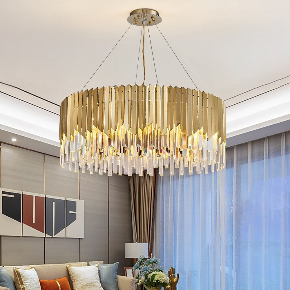Drum Crystal LED Chandelier – Gold Finish, 3000K Warm