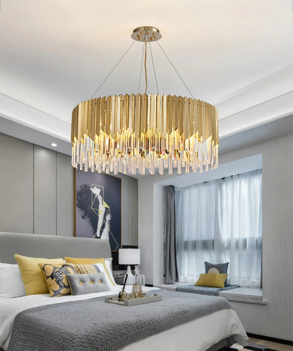 Drum Crystal LED Chandelier – Gold Finish, 3000K Warm