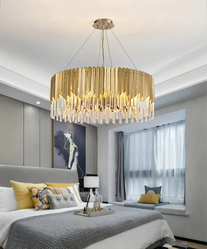 Drum Crystal LED Chandelier – Gold Finish, 3000K Warm