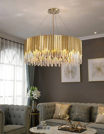 Drum Crystal LED Chandelier – Gold Finish, 3000K Warm
