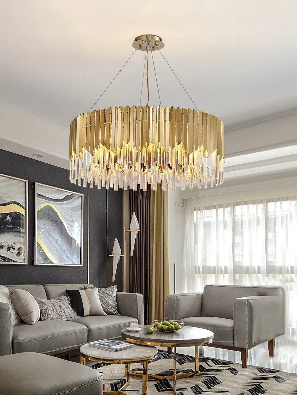 Drum Crystal LED Chandelier – Gold Finish, 3000K Warm