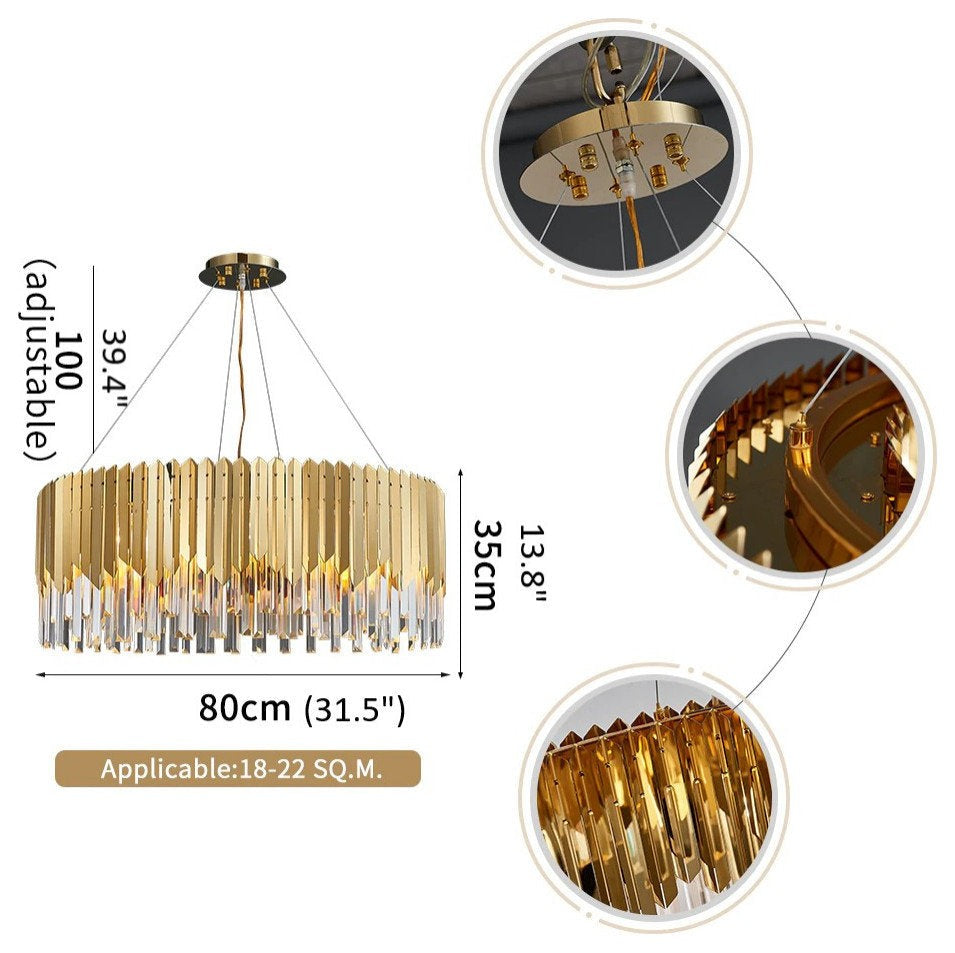 Drum Crystal LED Chandelier – Gold Finish, 3000K Warm
